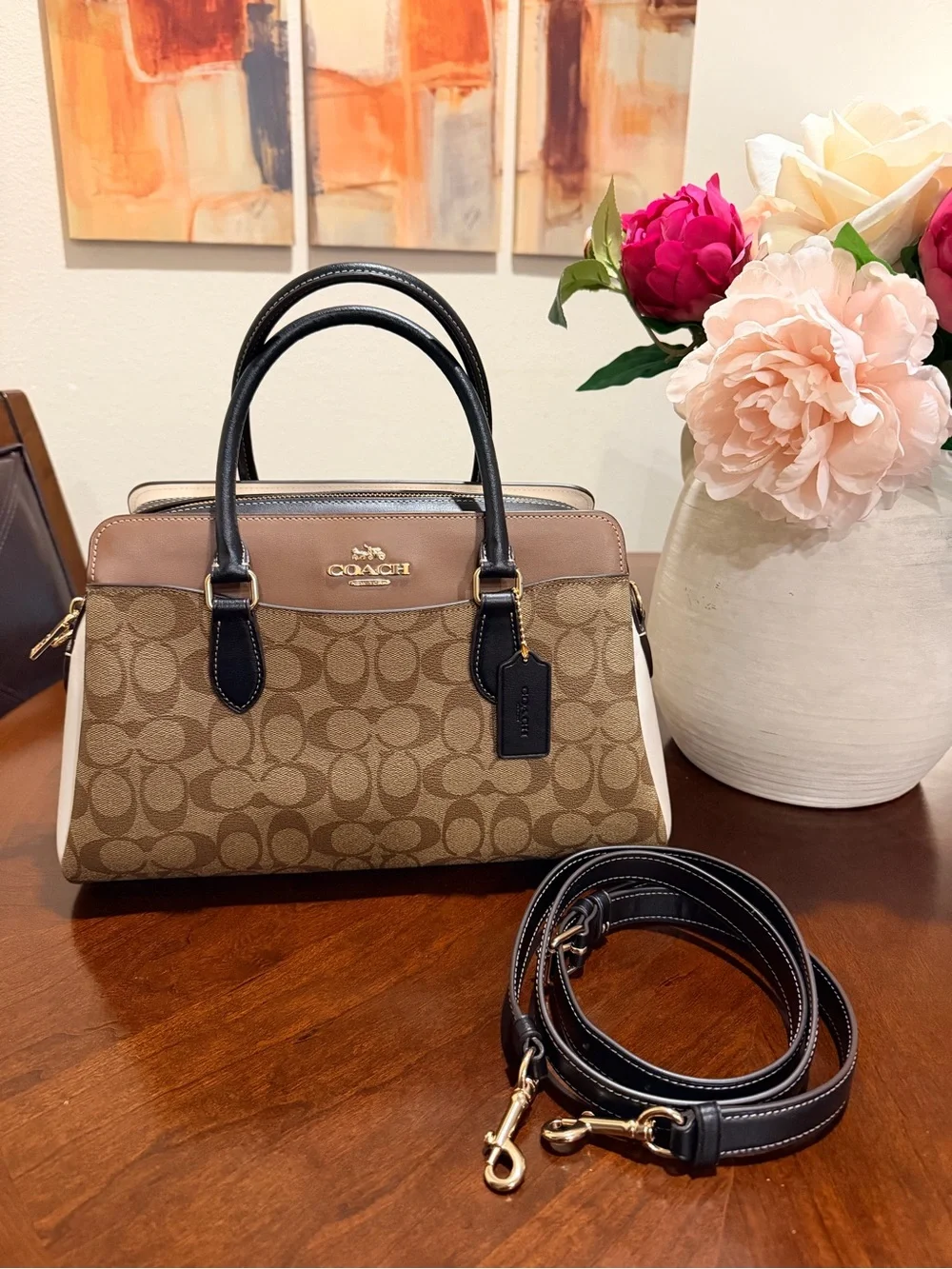 Coach Darcie Carryall in Color block Saddle / Black / Chalk NWOT